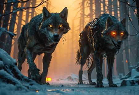 cyberpunk, distopic future, bladerunner 2049. very detailed and complex biomechanical wolf gazing at viewer, about to hunt, (night snow forest:1.5), sparking and intimidating amber eyes, (hunt position:1.5), bioluminicense wires, hard edges, opaque gray color, dirty, rusty, fangs, (intricate details:1.5), (detailed paw:1.2), (growling:1.5). Scify, otherworld, bladerunner 2049. (POV, frontal, medium shot), (Camera canon eos r6 mark ii, len 35mm, f1.6). Cinematic, cinematic lighting, dimsy lit, volumetric light. High-quality, hyperdetailed, intricate details, realistic, perfect composition, intriguing glowing eyes, 8K, UHD, HDR. easynegative