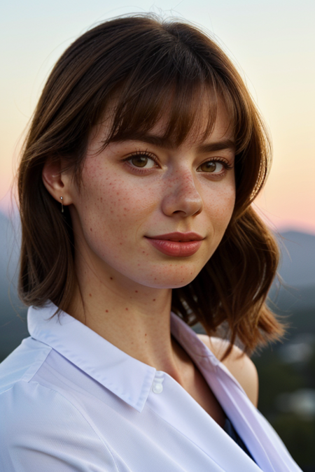 MarineLeMerrer, photography by (Rodney Smith:1.3), ((face focus, shoulders)), (business dress, facing viewer, blurry background, bokeh, ID photo:1.3), night, hills above Los Angeles, lights in valley below, smile