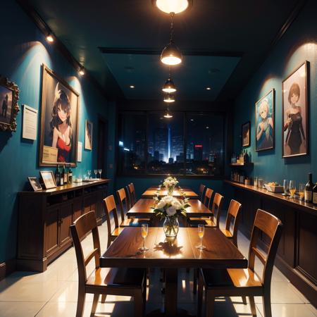 bar,<lora:bar_16:0.8>,indoor,bar counter,night,art chandelier,wine cabinet,a table for four,there is champagne and glasses on the table:1.3,(vase:1.2),mural painting,(blue wall:1.3),night view of the high sky of the city,window,