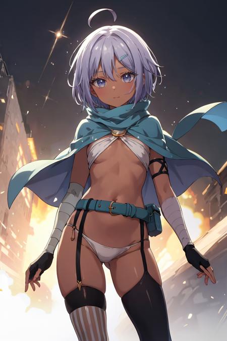 sprren, dark skin, short hair, hairclip, flat chest white bikini, o-ring top, blue capelet, blue belt, fingerless gloves, arm bandages, asymmetrical legwear, single thighhigh, vertical striped thighhighs, thigh strap