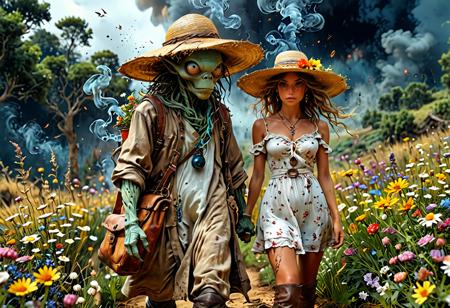 high-quality, masterpiece, **(Photorealistic, detailed, intricate, hyperreal)** a one-eyed alien standing in front of woman,his body consists of [smoke:woman] in a cute straw hat,in a delicate loose-fitting dress,in white knee-high boots, with a bag over her shoulder,a giant eye is transformed.into a body made of smoke,with hair fluttering in the wind,walking through a field of delicate flowers.Art has amazing fantastic qualities,combining elements of reality and imagination in a visually appealing way.creates a sense of myster High Detail, Perfect Composition, movie scenes, highly detailed. Photorealistic rendering, dramatic lighting, sharp contrast with a dark surreal atmosphere, (elaborate fine details:1.1), (hyperdetailed:1.1), (intricate details:1.0), (Refined details:1.1), (best quality:1.1), (high resolution:1.2)