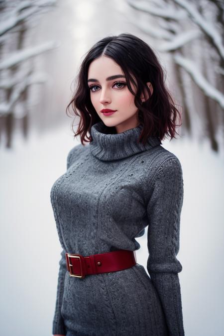 photo of a woman, ellahunt-3029:0.99, ((pale skin)), ((short hair, dark brown hair))((turtleneck sweater dress, scarf, leggings):1.2),((cowboy shot, waist, hips, thighs):1.2),((outdoors, snow, forest):1.2),,((red lipstick, eyeliner, eye shadow, blush):1.2), ((best quality, masterpiece, extreme details, high resolution):1.2),((detailed eyes, beautiful eyes, detailed face, beautiful face):1.2)