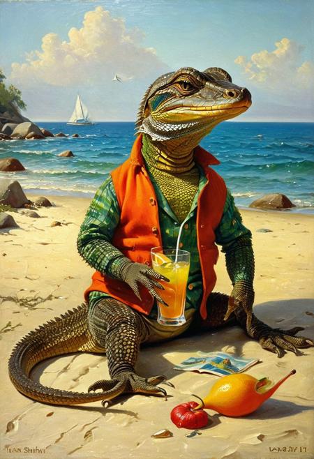 a monitor lizard in clothes on the beach of Yalta USSR holding cocktail, heat, catamarans, lying on stomach, long-range plan, oil on canvas, by Ivan Shishkin, <lora:ClassipeintXL1.9:0.2>, ,best quality, high resolution, extreme detail, outstanding composition, masterpiece,