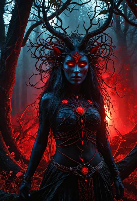Dryad, bound by cursed thorny vines, black magic energy, glowing red sigils, bark skin cracked open, eyes glowing with rage, surrounded by decaying flora, forest twilight, red mist in background, dark ritual ambiance, cinematic lighting, dramatic shadows, high detail, fantasy horror, mystical tension, masterpiece