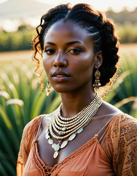 analogue portrait photo of a Beautiful dark skin African woman, clear focus, high resolution image, ,wearing The Boho Chic: A bohemian-inspired ensemble, flowing maxi skirt, and an abundance of layered necklaces and bangles, natural hair, perfect eyes, detailed eyes, detailed iris, realistic skin, absolute perfect tits, soft tits, natural tits, low light, soft natural light, Rembrandt style light, Hasselblad DLSR camera, 200mm Zeiss lens, f/2.8 <lora:Ayana_Lela_African_Woman:0.8>  ,high quality, film grain, Fujifilm XT3, 8k uhd, dslr, film grain, kodak tri-x 400 film, grain photo DOF, faint lighting, dynamic angle, cinematic, Depth of field, bokeh, best quality, cinematic, light particles, highly_detailed, very_aesthetic, golden hour, beautiful_and_aesthetic ,Sexy pose, erotic pose, exhibitionism ,Coral reef