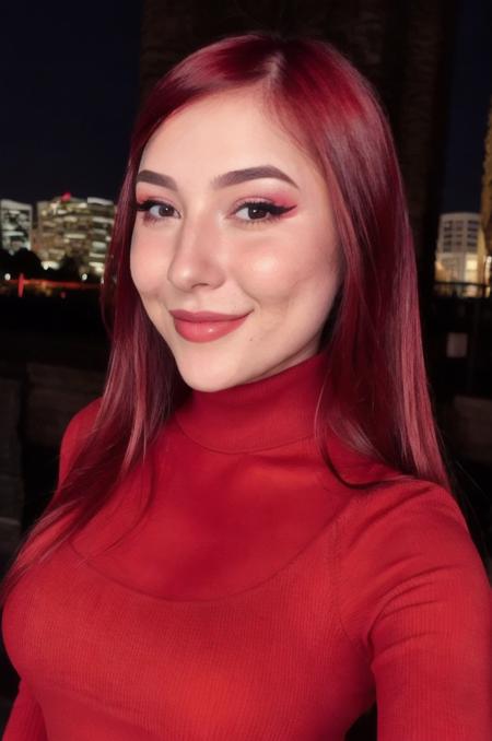 Photo of beautiful d14n4z4mbr0zu5k1 woman smile, detailed face, red turtleneck blouse, makeup, in an event at night