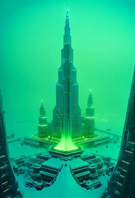 ()Hyoer Realistic:2.0)Polaroid picture an image of a Hyper-realistic cityscape of Dubai transplanted into the icy landscape of Alaska. The Burj Khalifa and other iconic Dubai skyscrapers stand tall amidst snow-covered mountains and frozen lakes. Neon lights and holographic advertisements illuminate the buildings, contrasting with the serene, snowy environment. Advanced, futuristic architecture blends seamlessly with the natural beauty of Alaska. The scene is set at dusk, with the sky transitioning from blue to a deep, icy purple. Detailed reflections on the frozen surfaces, intricate lighting effects, and a sense of dynamic energy. Rule of thirds, high-resolution details, and realistic textures.