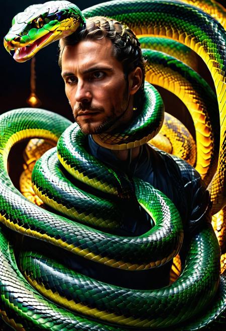 "A man wrapped by a snake around his neck, glowing under soft, eerie lighting, surrounded by discarded skin, detailed scales, surreal and unsettling atmosphere, photorealistic textures." <lora:SDXLFaeTastic2400:0.4> <lora:extremely_detailed:0.4> extremely detailed, <lora:sn4ke:1>,sn4ke, Masterpiece,best quality,hi res,8k,hi res,8k,award winning,(sharp focus, intricate, highly detailed), rating:safe