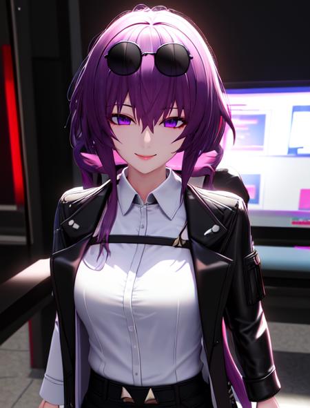 best quality, masterpiece, highres, detailed, digital artwork, <lora:Detail - add_detail:0.2>,  <lora:Character - KafkaHonkai:0.8>, KafkaHonkai, sunglasses on head, purple eyes, purple hair, white shirt, black jacket, open jacket, evil smile,  3D model, sci-fi, screens, lab,