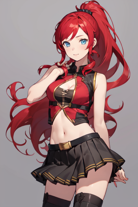 ArielRossi, 1girl, solo, very long hair, blue eyes, skirt, navel, cleavage, medium breasts, high ponytail, red hair, pleated skirt, sleeveless, black thighhighs, miniskirt, black skirt, clothing cutout, cleavage cutout, navel cutout