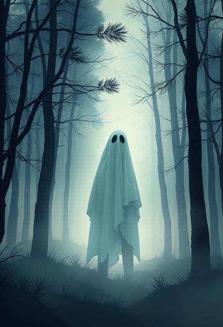 A Guy Billout-style illustration of a ghost in a foggy forest using soft pastel colors high contrast low key lighting deep shadows create a dramatic yet gentle and soothing sinister effect.