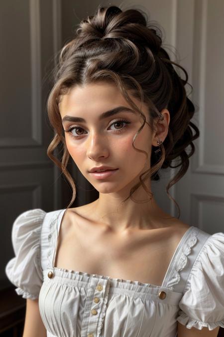 upper body photo of headshot photo of <lora:AdrianaCallori_v1:.9> AdrianaCallori, focus on face, wearing victorian clothing , her hair is styled as half-up half-down hair,