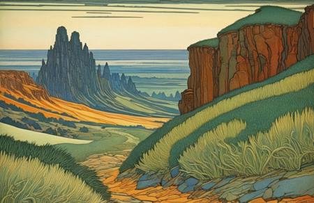 cliff,desert, grass, <lora:Ivan Bilibin Style:1>, Ivan Bilibin Style page,