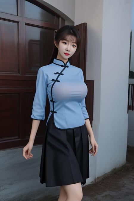 best quality, masterpiece,real,realistic, photo,photorealistic, looking at viewer,1girl, chuxia, huge breasts,
minguoxiaofu,school uniform, tangzhuang,shirt,skirt,
 <lora:minguoxiaofu_v2_03:0.8>