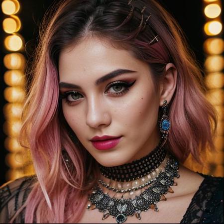 (a cute girl, 22 years old, pale skin ,  pink hair ,skinny:1.1),(big boobs , small nipples, Colombian hipster girl, edgy vibe, dark, mascara, eyeliner, dark cheeks, expressive lips, Unique facial piercings, alluring necklace, stylish sexy streetwear, alluring thighs, aesthetic tattoos on her body, almond shaped eyes, Dimples, strong eyeliner eyes ,Defined jawline, skin pores )