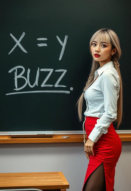 photorealistic eyes, realistic skin texture, 
detailed, hyper-detailed,  intricate details, detailed skin, blonde Chinese woman:1.5, math teacher, teacher standing next to chalkboard, writing on chalkboard is “x + y = BUZZ” in large chalk writing:2.6,
photorealistic, 1woman, solo, school teacher, beautiful Chinese woman, full round lips:0.9, glossy red lipsticks:2.2, elegant red eyeshadow:0.8, eyeliner:0.8,  lips slightly parted, very_long_hair,  long hair, detailed shiny black hair, platinum blonde_hair, bangs and low loose braid, medium perky breasts, medium full round breasts:0.8,  looking_at_viewer, blue_eyes, tight slightly sheer white cotton button down shirt, shirt partially unbuttoned and open:1.1, hint of  cleavage, red pencil skirt with leg slit showing some of her thigh:0.8, high 
waist skirt,  standing in front of blackboard giving a lesson, collarbone, thighs, pantyhose, cowboy_shot:0.8, indoors, hair_over_shoulder, red pencil skirt, desk, sleeves_rolled_up, contrapposto, realistic, 1950s classroom, old classroom, large wall of windows, beautiful window lighting, chalkboard, school, sleeves_pushed_up, asian woman, photorealistic