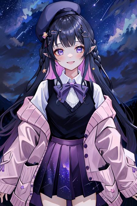 masterpiece, best quality, highres, 1girl hair ornament beret pointy ears, vest bow cardigan pink jacket off shoulder purple skirt white shirt <lora:sora_orbit:1> star \(sky\), starry sky, night sky, smile