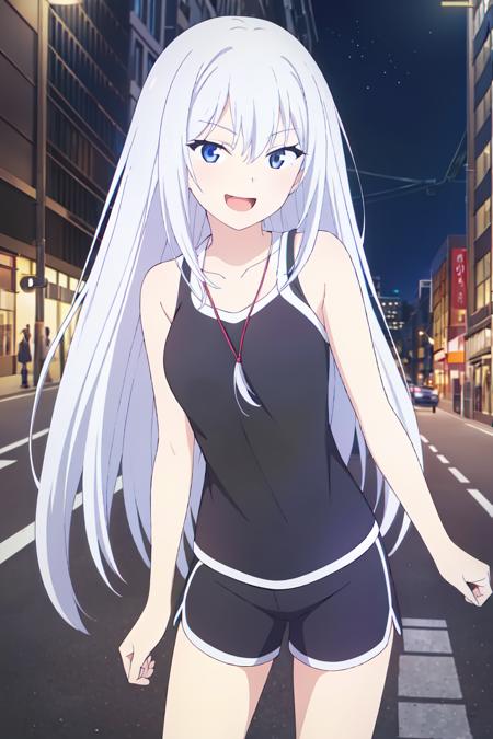 (extremely detailed CG unity 8k wallpaper), (masterpiece), (best quality), (ultra-detailed), (best illustration), (best shadow), (absurdres), 1girl, solo,   <lora:masuzu-11:0.6>, Masuzu, blue eyes, long hair, smile, 1girl,  white hair, bangs, collarbone, evil smile, open mouth, black tank top, gym shorts,city_street, nighttime