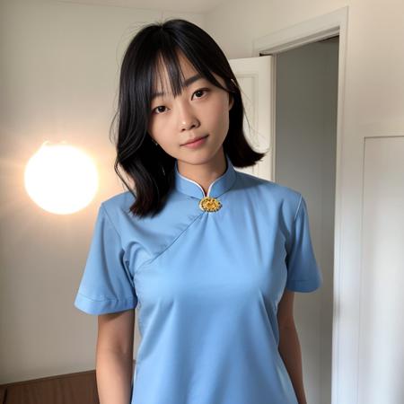 (dreamlike:1.2), sharp face, film grain, masterpiece, best quality, high res, Soft Lighting, front photo, 1 woman, 20 yo, (looking at viewer:1.5), beautiful face, slim, smile, cute, energetic, affectionate, short sleeve light blue cheongsam:1.3, (tiny round emblem on middle of chest:1.2), (dynamic pose:1.2), (HONG KONG city:1.2), sun flare, <lora:CheongsamV2:0.7>,