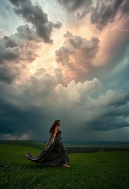 Una escena impresionante de una tormenta majestuosa donde múltiples arcoíris bien definidos se entrelazan entre las nubes oscuras y relámpagos iluminan el cielo con destellos místicos., detallados los arco irirs. La lluvia cae suavemente, reflejando los colores vibrantes del arco iris en cada gota. En el primer plano, una mujer elegante camina con gracia a través de un extenso valle verde, con el viento ondeando su vestido largo y fluido de seda. Su postura es imponente y llena de confianza, con una mirada serena y penetrante. Su cabello oscuro y ondulado flota con la brisa, capturando la esencia del momento. Cada detalle es nítido y bien definido, desde la textura del vestido hasta la suavidad de su piel. La iluminación cinematográfica realza los contrastes entre la tormenta y los colores vivos, aportando una profundidad asombrosa a la imagen. Capturado con una estética fotográfica en 4K ultra-realista, con una composición perfecta donde la mujer y la tormenta de arcoíris crean una armonía visual espectacular.
