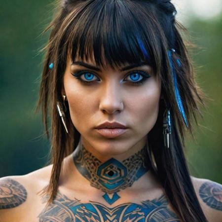 realistic photo wild young 1woman, warrior face tattoo, super realistic, sharpened details, ultra detail, detailed skin, blue sharpened eyes, detailed brunette with bangs, movie, piercing, intricate details, (gorgeous face:1. 2), Masterpiece, , ((Full Body in frame)),