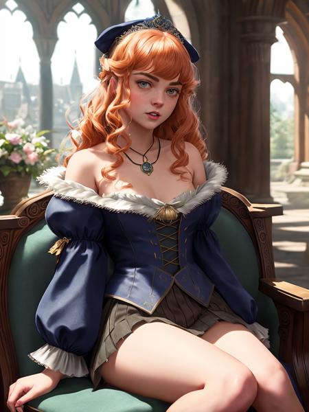 MaraNobodySD15 upsweep updo Intricately detailed Full body, portrait painting, of (seductive royal blue female ginger), clothed, sitting, on chair, in luxurious fantasy castle, small breasts, pretty face, white lace lingerie, sexy, succubus shallow depth of field, cinematic lighting, (highly detailed:1.2), Game of Thrones hogwarts student, HDR, 8k resolution Style-HogLegacy Style-Renaissance (skinny:1.2)