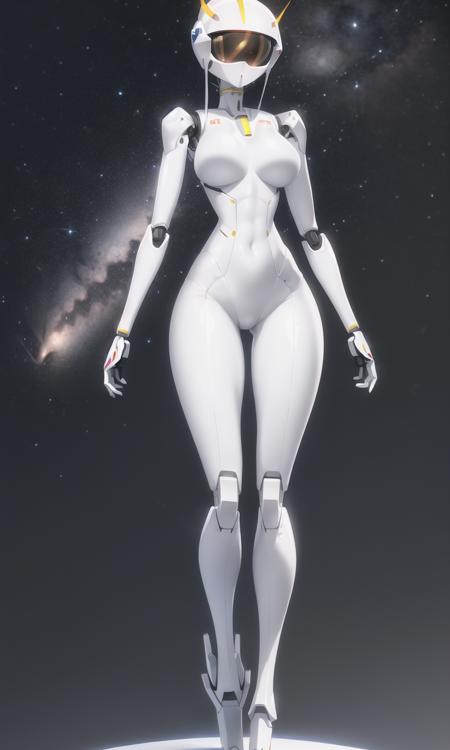 one robot on the moon, 20m tall robot, white body, tall head, helmet, thick neck, slender hands, long hands, long waist, slender legs, very long legs, narrow ankle, full body, hq, milky way, japanese anime movie style