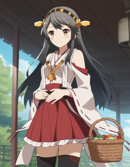 haruna, long hair, black hair, hair ornament, brown eyes, hairband, hairclip, haruna (kancolle), medium breasts skirt, thighhighs, bare shoulders, detached sleeves, japanese clothes, headgear, nontraditional miko,