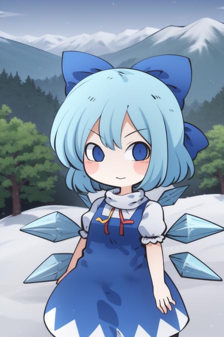 cha, 1girl, chibi, (cirno:1.2), (cowboy shot:1.2), snow valley, field, frozen trees, mountains, snowman