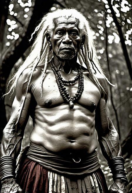 low angle of a tribal old male shaman warrior of the woods, war face makeup, he has white skin, he has long white hair, dark red painted torso, black painted arms, long dirt black skirt, she is a rare creature, looking at viewer,  macabre, grotesque environment, extremely beautiful, grunge sepia photography style, by Joel Peter Witkin