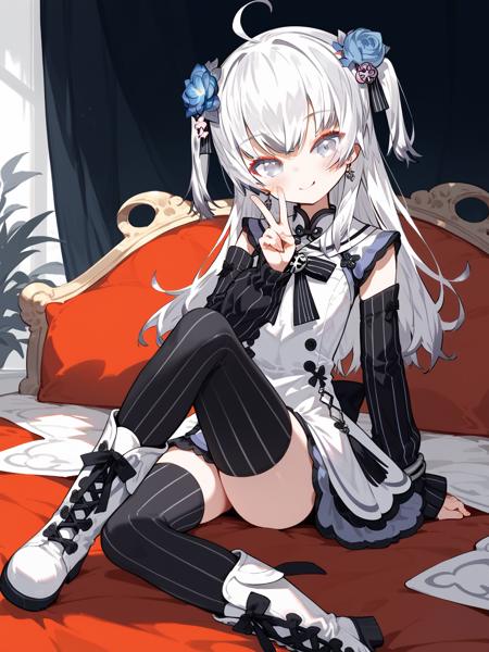 AzumaSeren,1girl,virtual youtuber,thighhighs,striped,ahoge,hair flower,white hair,bangs,two side up,detached sleeves,earrings,grey eyes,jewelry,white footwear,