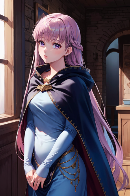 (highly detailed:1.3),
sophia fe, looking at viewer, long sleeves, dress, jewelry, very long hair, collarbone, braid, cape, blue dress, cloak, (belly chain:0.6), indoors, rim lighting, dimly lit, 
Ultra-detail,(highres:1.1),best quality,(masterpiece:1.3),cinematic lighting,
, <lora:Sophia_FEv2:0.8>