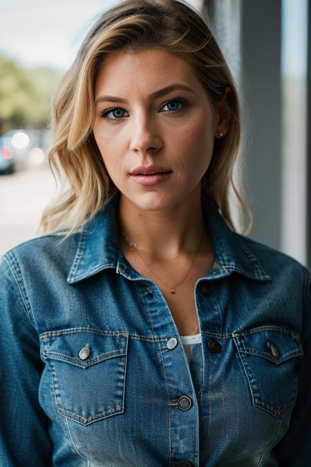 <lora:k4th3rynw:1>, Realistic photo of a beautiful k4th3rynw woman, 1girl, solo, long hair, breasts, looking at viewer, blue eyes, blonde hair, simple background, shirt, upper body, parted lips, grey background, lips, blue shirt, denim, messy hair, realistic, denim jacket, soft lighting, professional Photography, Photorealistic, detailed, RAW, analog, sharp focus, 8k, HD, DSLR, high quality, Fujifilm XT3, film grain, award winning, masterpiece