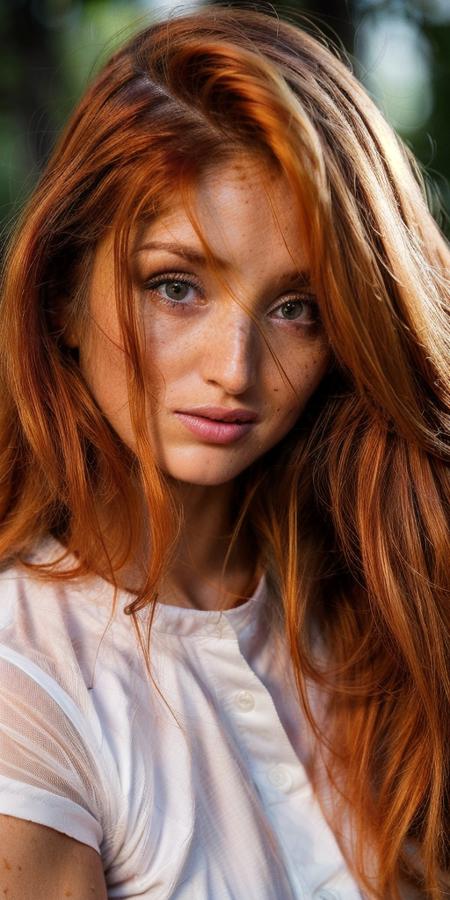 A stunning intricate full color closeup headshot of red_fox, (1girl:1.4), solo,
front view, centered,
detailed face, detailed body,
(fit body), (perfect antomy:1.3),
beautiful hair,
a woman, outdoors, in a (water-area:1.2), wearing a (t-shirt:1.2), (wet-hair:1.1), (dusk:1.1),
looking at the viewer,
(ginger hair), cute smile,
(natural light), 
((sharp face, detailed face, realistic face, naturtal skin, realistic skin, detailed skin, pores, detailed eyes,realistic eyes)),,
depth of field,
((cinematic light)), colorful, hyper detail,
masterpiece, photorealistic,detailed, intricate, highly detailed eyes, sharp focus on eyes,
<lora:red_fox:1>, <lora:add_detail:0.6>,<lora:more_details:0.5>,