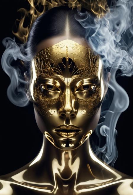 (surreal mirrored portrait:1.4), (golden face:1.6), (reflections:1.5), (smoke effect:1.2), dark background, (high fashion:1.3), (eerie atmosphere:1.3), symmetrical, glossy skin, intricate details, luminous, fantasy, ethereal, (photo-realistic:1.3), mysterious, haunting, luxurious, Surrealism, high-fashion photography, Nick Knight