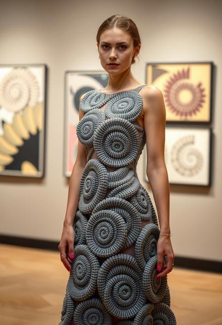 (nubile young woman:1.3), wearing (dress entirely made of knitted spirograph shapes:1.6), (interwoven geometric spirals:1.5), (structural spiral knitting:1.4), (dynamic curves in fabric structure), (delicate spiral patterns forming the dress silhouette:1.3), (soft fabric flow despite intricate structure:1.2), (light and shadow play across spiral knitting:1.2), (vivid gradients along knitted curves), (organic yet symmetrical design:1.3), (soft glowing edges on fabric), (slight movement effect on spirals), (minimal accessories), (elegant, confident pose), (urban art gallery background:1.1), (realism:-1.5), (photorealism:-1.5), (blurry details:-1.3), (flat textures:-1.2), (mutated anatomy:-1.3), (oversaturated lighting:-1.2)