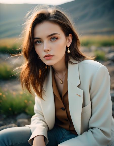 amateur photo of a woman, analog, raw, f2, 35mm, an (amateur photo) of a 50 year old candid photo of a woman, flash photography, taken on an old camera, polaroid, half body photo of a beautiful 20 years old Icelandic girl, extremely detailed eyes, beautiful face, detailed natural skin with pores, sitting on a rock with legs crossed, looking peaceful., Oversized blazer, skinny jeans, loafers, shoulder bag, stud earrings, (lofi, bokeh), by Marta Bevacqua, golden hour, cinematic lighting, (hazy filter, film grain:1.2). 8k, highly detailed, detailed skin texture, natural skin texture, perfect eyes, perfect iris, high detail eyes, detailed iris, detailed cloth texture, perfect eyes, detailed eyes, (high quality, best quality:1.3), Extremely high-resolution, film grain, dslr, Kodak Portra 400 camera f1.6 lens, 35mm, Fujifilm Superia Premium 400, Nikon D850, <lora:add_detail:0.33>