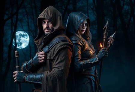 assassin's Creed hexe, a man assassin with a dark, medieval assassin suit Earthy color with a weathered leather cloak, hooded and layered with engraved bracers, exuding a gothic, supernatural vibe perfect for stealth Leaning back to back with another woman with assassin's Creed magic suit holding a magic stick they are in the middle of the photo in a dark forest ,light of the moon blue environment ,