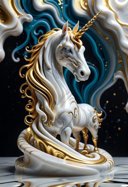 A surreal depiction of a unicorn formed from swirling liquid marble in radiant white and gold. The unicorn's elegant head and spiraling horn emerge prominently, crafted from polished, gleaming marble that appears to drip and melt into abstract fluid shapes. Golden accents flow seamlessly through the white marble, defining the contours of its features with a glowing, ethereal effect. The swirling patterns of the marble give the unicorn a sense of graceful motion, as if it is alive within the liquid medium. The background is a soft, minimalist gradient of gold and white, enhancing the ethereal atmosphere. Subtle geeky details, like pixelated patterns and circuit-like etchings, are embedded in the marble, giving the design a modern twist. The unicorn's form exudes a majestic yet surreal quality, with the dripping marble pooling beneath it into intricate, abstract swirls that resemble a mystical aura.