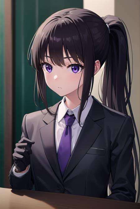 takinainoue, <lyco:takinainoue-lyco-nochekaiser:1>, 
inoue takina, long hair, bangs, ponytail, black hair, (purple eyes:1.2),
BREAK gloves, long sleeves, jacket, necktie, black gloves, collared shirt, belt, pants, vest, black jacket, black pants, formal, suit, red necktie, headset, black suit, earpiece,
BREAK looking at viewer, (cowboy shot:1.5),
BREAK indoors, restaurant,
BREAK <lyco:GoodHands-beta2:1>, (masterpiece:1.2), best quality, high resolution, unity 8k wallpaper, (illustration:0.8), (beautiful detailed eyes:1.6), extremely detailed face, perfect lighting, extremely detailed CG, (perfect hands, perfect anatomy),