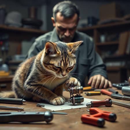 A determined but visibly stressed cat carefully assembling a tiny gadget on a workbench, tools scattered around, a looming figure of a supervisor watching closely from behind, dim workshop lighting creating a tense and dramatic mood.