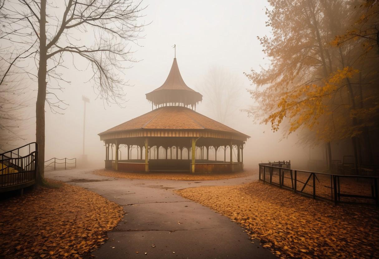 photo, abandoned theme park, fog, foggy, haze, low light, diffused light, low saturation, dirty, creepy, spooky, natural looking photo, atmospheric, outside, autumn, extremely detailed, high quality,