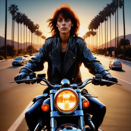 <lora:jamieleecurtis_resized_256_bf16:1> jamieleecurtis,a photo of a woman on a motorcycle in Hollywood at sundown. Palm trees in the background. alluring. Trending on artstation. photo of a woman on a motorcycle in Hollywood at sundown. Palm trees in the background. Borne. Magic. Rhino reflection. wide angle. trending on photo of a woman on a motorcycle, in the style of stefan kostic and david cronenberg, realistic, sharp focus, 8 k high definition, insanely detailed, intricate, chiaroscuro, elegant, wearing a ripped mantle and robe, face by wlop, perfect faces, symmetrical face, extremely high details, hypnotic eyes, realistic, fantasy art, solo, masterpiece, art by hermann nitsch, zdzislaw beksinski, dariusz zawadzki, giger, dragan bibin and esao andrews and gast