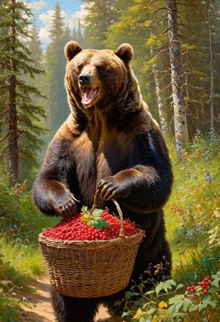 (original inspiring tour de force by Wodzimierz Przerwa-Tetmajer and Wallace Edwards:1.2),degenerating and fuzzy atmosphere with depth of field, work of art with unparalleled details,  A bear holds a basket of berries in its mouth, (a little girl riding a big bear:1.2), from side, traditional russian clothing, long-range plan, oil on canvas, by Ivan Shishkin, <lora:ClassipeintXL1.9:0.2>, ,best quality, high resolution, extreme detail, outstanding composition, masterpiece,
