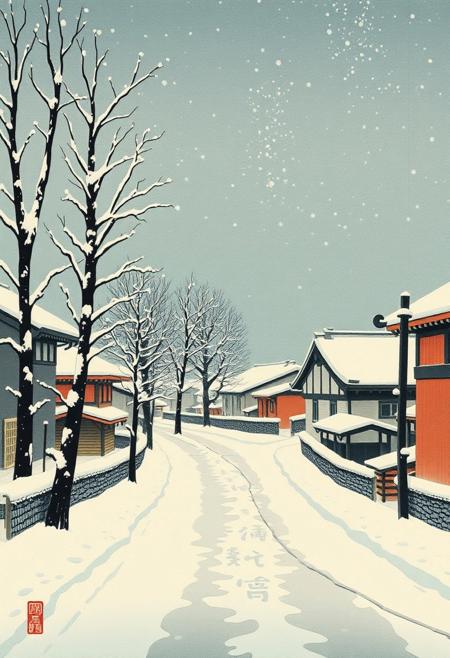 snowing day, Kawase Hasui art style, japanese woodblock print,