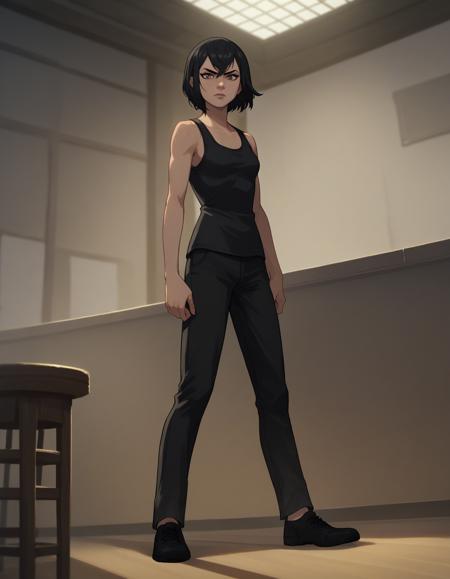 xalexandrax, black hair, short hair, brown eyes black coat, shoes black tank top, fingerless gloves, pants, shoes