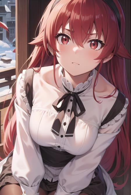 erisgreyrat, <lora:eristest:1>, 
eris greyrat, ahoge, hair between eyes, long hair, (red eyes:1.5), red hair, sidelocks, (small breast:1.2),
BREAK black hairband, black ribbon, brown skirt, hairband, long sleeves, neck ribbon, pantyhose, ribbon, shirt, shoulder cutout, skirt, white pantyhose, white shirt, wide sleeves,
BREAK looking at viewer,
BREAK outdoors, city,
BREAK <lyco:GoodHands-beta2:1>, (masterpiece:1.2), best quality, high resolution, unity 8k wallpaper, (illustration:0.8), (beautiful detailed eyes:1.6), extremely detailed face, perfect lighting, extremely detailed CG, (perfect hands, perfect anatomy),