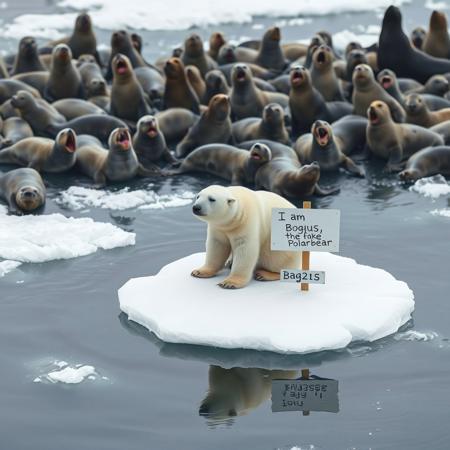Lonely polarbear on a small piece of ice, a lot of seal are laughing out loud, there is a sign with the text : "I am Bogus, the fake Polarbear".