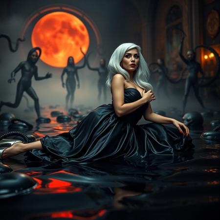 Sexy, sultry, (Female, 1girl):1.3, (glossy foil satin highly detailed georgian gown):1.3, (Huge breasts, big boobs, Large breasts), (firm Round perky breasts:1.2), (posturecollar):1.25, (, slim waist:1.35).  glossy high heels, laying  (knees spread wide apart), orgasm face, red lipstick, red nails,  posing at  glossy wet-look  black jelly pillows floating in giant slime pool,  tentacles spreading from  giant  portal to alien space  at background,  makeup, long hairs,  weird evil aliens harem,fog from the floor, giant  red moon,   horror, aliens, sci-fi, space,  Rembrandt Lighting Style, great lighting. At twilight, in victorian mansion sideview Ultra realistic, 8k, uhd, best quality, best resolution, lifelike, white wig, ent over, on all fours, large breasts, big boobs, huge tits, georgian gown,
