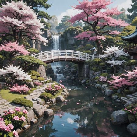 long range view, Beautiful Japanese flower garden, elegant bridges, waterfalls, pink and white, by Akihito Yoshida, Ismail Inceoglu, Karol Bak, Airbrush, Dramatic, Panorama, Cool Color Palette, Megapixel, Lumen Reflections, insanely detailed and intricate, hypermaximalist, elegant, ornate, hyper realistic, super detailed, unreal engine